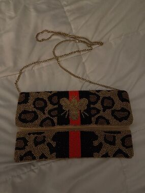Leopard Beaded Foldover Crossbody Bag with Gold Bee Accent